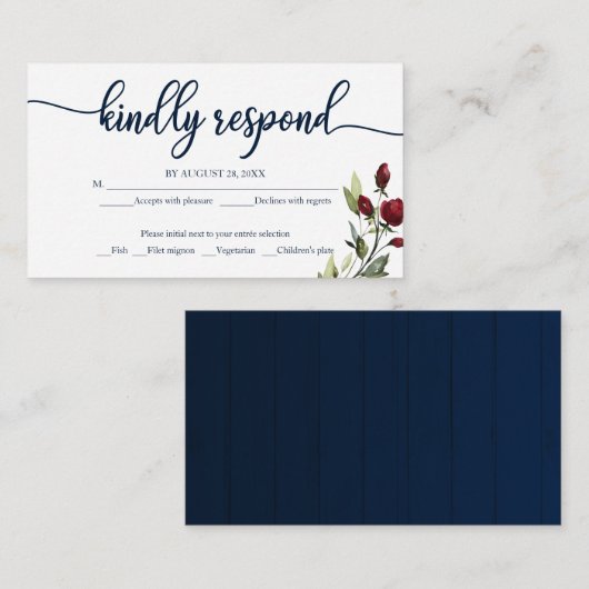 Burgundy Navy Blue Waterverf Floral Wedding RSVP Informatiekaartje (Voorkant / Achterkant)
