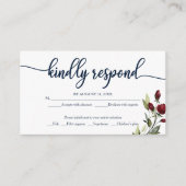Burgundy Navy Blue Waterverf Floral Wedding RSVP Informatiekaartje (Voorkant)