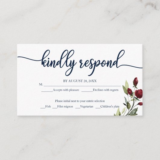Burgundy Navy Blue Waterverf Floral Wedding RSVP Informatiekaartje (Voorkant)