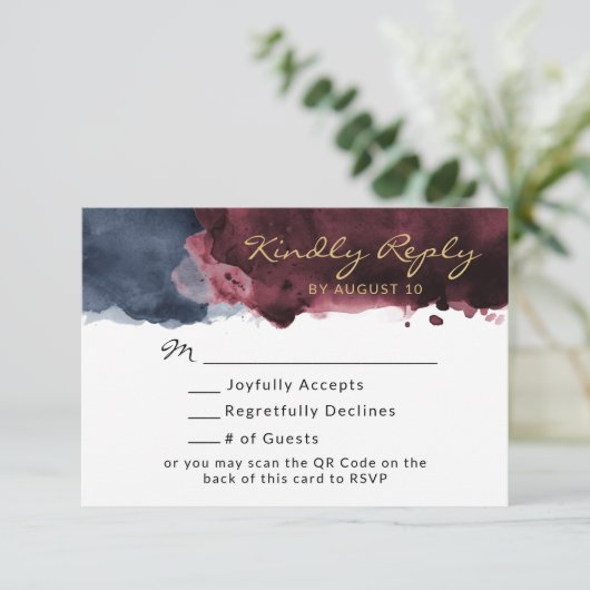 Burgundy & Navy Blue Waterverf QR-code RSVP (Staand voorkant)