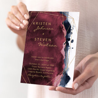 Burgundy & Navy Blue Waterverf Wedding Kaart