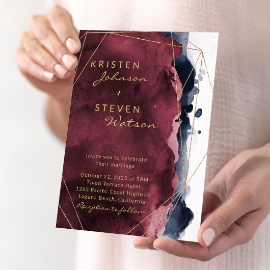 Burgundy & Navy Blue Waterverf Wedding Kaart