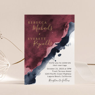 Burgundy & Navy Blue Wedding Invitation Kaart