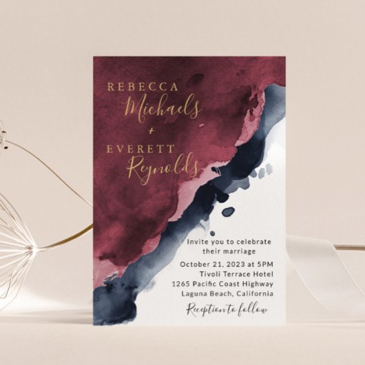 Burgundy & Navy Blue Wedding Invitation Kaart