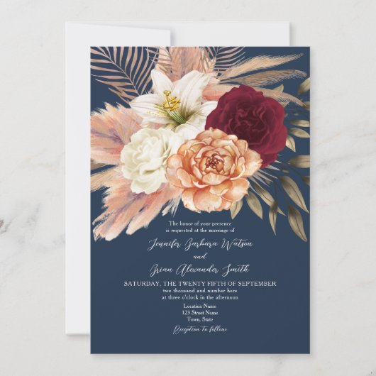 Burgundy Navy Blue Wedding Kaart (Voorkant)
