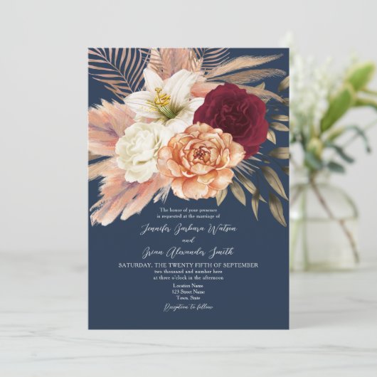 Burgundy Navy Blue Wedding Kaart (Staand voorkant)