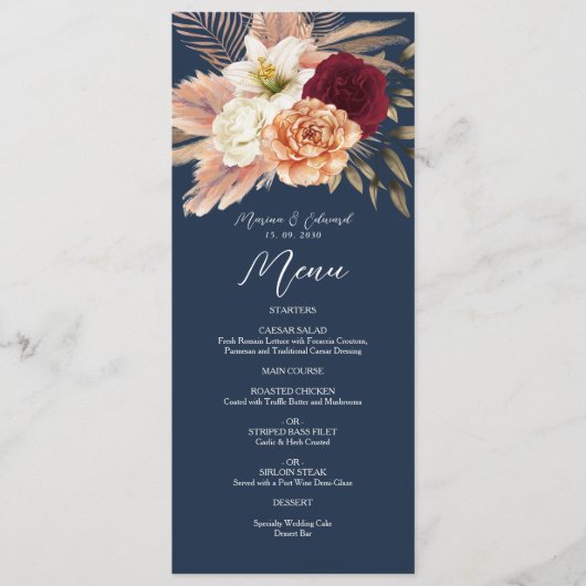 Burgundy Navy Blue Wedding Menu (Voorkant)