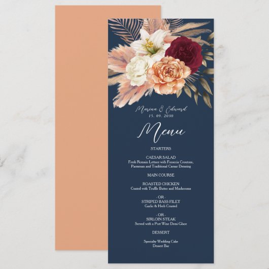 Burgundy Navy Blue Wedding Menu (Voorkant / Achterkant)