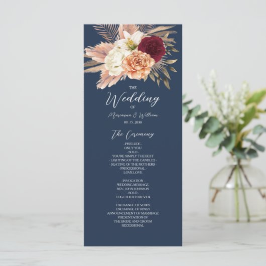 Burgundy Navy Blue Wedding Programmakaart (Staand voorkant)
