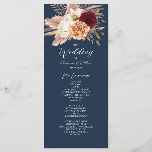 Burgundy Navy Blue Wedding Programmakaart (Voorkant)