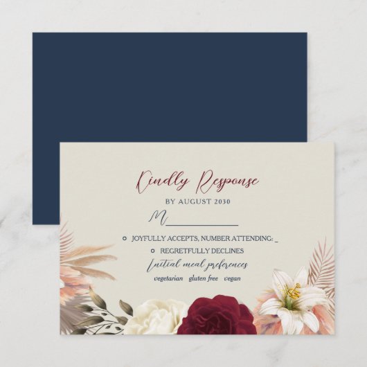 Burgundy Navy Blue Wedding RSVP Kaartje (Voorkant / Achterkant)