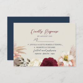 Burgundy Navy Blue Wedding RSVP Kaartje
