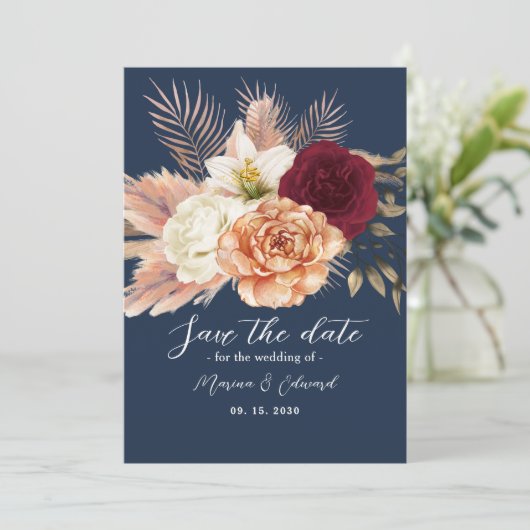 Burgundy Navy Blue Wedding Save The Date (Staand voorkant)