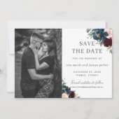 Burgundy Navy Blush Bloem Foto Save the Date Kaart (Voorkant)