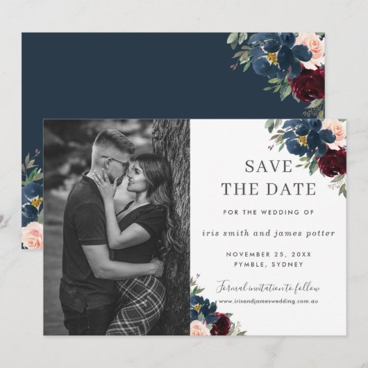 Burgundy Navy Blush Bloem Foto Save the Date Kaart (Voorkant / Achterkant)