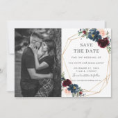 Burgundy Navy Blush Bloem Foto Save the Date Kaart (Voorkant)