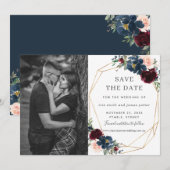 Burgundy Navy Blush Bloem Foto Save the Date Kaart (Voorkant / Achterkant)