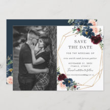 Burgundy Navy Blush Bloem Foto Save the Date