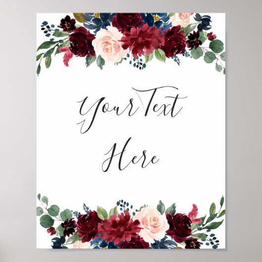 Burgundy Navy Blush Bloemenschildering op maat Poster (Voorkant)