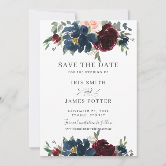 Burgundy Navy Blush Bloemige Trouw Save the Date Kaart (Voorkant)