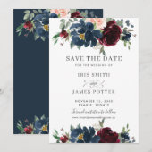 Burgundy Navy Blush Bloemige Trouw Save the Date Kaart (Voorkant / Achterkant)