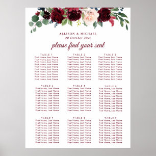 burgundy navy blush floral bruiloft - zitkaart poster