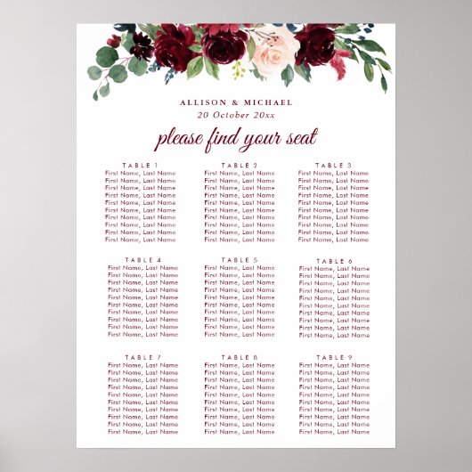 burgundy navy blush floral bruiloft - zitkaart poster (Voorkant)