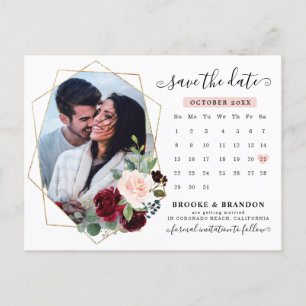 Burgundy Navy Blush Floral Calendar Save the Date Briefkaart