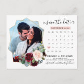 Burgundy Navy Blush Floral Calendar Save the Date Briefkaart (Voorkant)