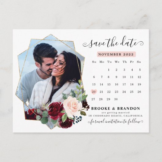 Burgundy Navy Blush Floral Calendar Save the Date Briefkaart (Voorkant)