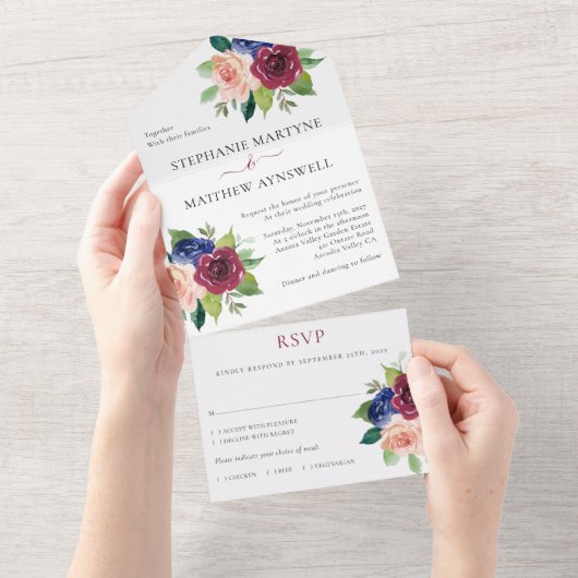Burgundy Navy Blush Floral Fall Wedding All In One Uitnodiging (Afscheurbaar)