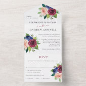Burgundy Navy Blush Floral Fall Wedding All In One Uitnodiging (Binnen)