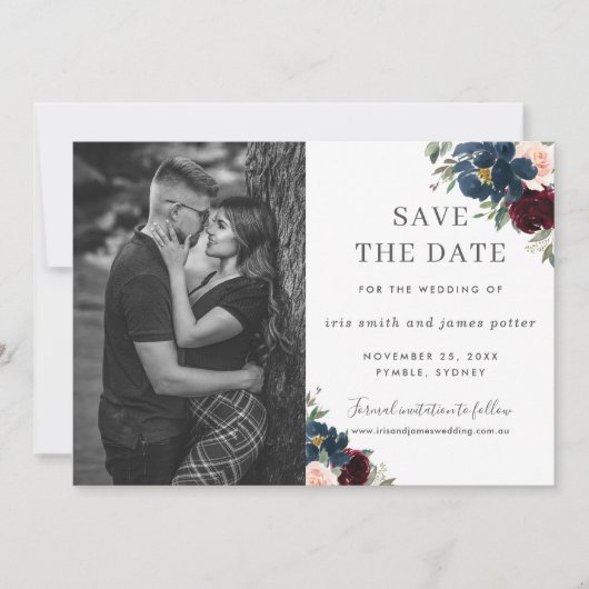 Burgundy Navy Blush Floral Foto Save the Date Kaart (Voorkant)