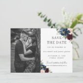 Burgundy Navy Blush Floral Foto Save the Date Kaart (Staand voorkant)