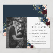 Burgundy Navy Blush Floral Foto Save the Date Kaart (Voorkant / Achterkant)