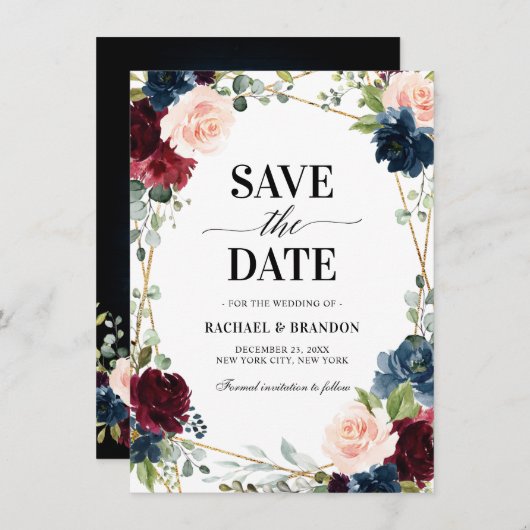 Burgundy Navy Blush Floral Geometric slaat de datu (Voorkant / Achterkant)