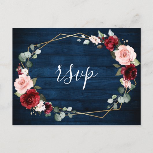 Burgundy Navy Blush Floral Geometric Wedding Briefkaart (Voorkant)