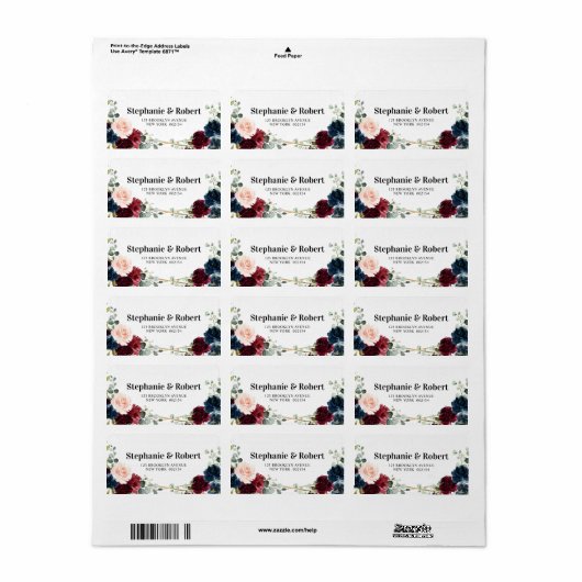 Burgundy Navy Blush Floral Geometric Wedding Etiket (Full Sheet)