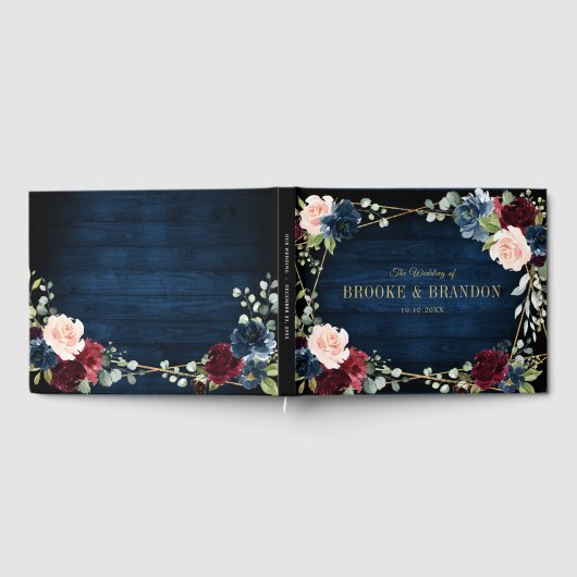 Burgundy Navy Blush Floral Geometric Wedding Gastenboek (Volledig)