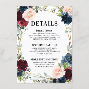 Burgundy Navy Blush Floral Geometric Wedding Informatiekaartje