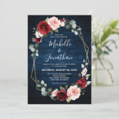 Burgundy Navy Blush Floral Geometric Wedding Kaart (Staand voorkant)