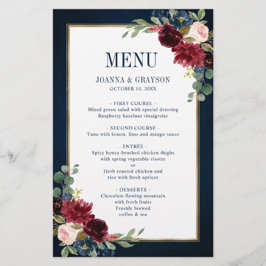 Burgundy Navy Blush Floral Geometric Wedding Menu (Voorkant)