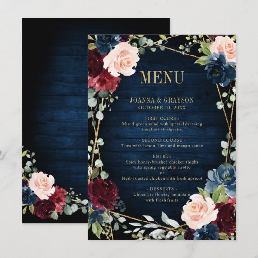 Burgundy Navy Blush Floral Geometric Wedding Menu (Voorkant / Achterkant)