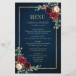 Burgundy Navy Blush Floral Geometric Wedding Menu<br><div class="desc">De elegante en moderne romantische geometrische waterverf floral bruiloft is voorzien van een prachtige Bourgogne / marsala , wazige roze, perzikkleurige, marineblauwe waterverf-rozen met een passend bladerdak op een marineblauw rustige houten achtergrond en gouden lijst. Ideaal voor een herfst-/midzomerbruiloft. Zoek meer overeenkomende design en variaties uit mijn winkel met 'blissweddingpaperie'....</div>