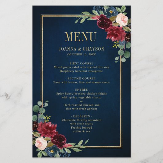 Burgundy Navy Blush Floral Geometric Wedding Menu (Voorkant)