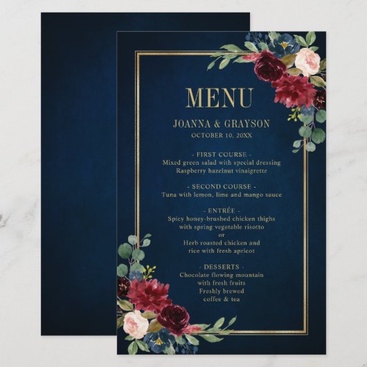 Burgundy Navy Blush Floral Geometric Wedding Menu (Voorkant / Achterkant)