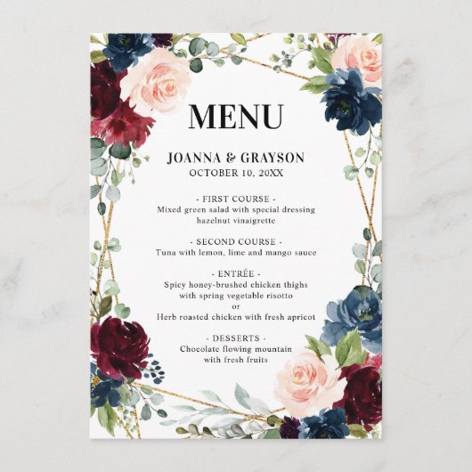 Burgundy Navy Blush Floral Geometric Wedding Menu (Voorkant)