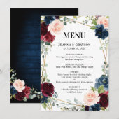 Burgundy Navy Blush Floral Geometric Wedding Menu (Voorkant / Achterkant)