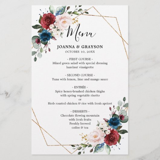 Burgundy Navy Blush Floral Geometric Wedding Menu (Voorkant)