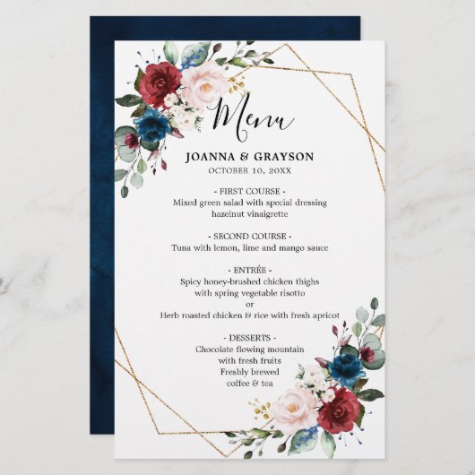 Burgundy Navy Blush Floral Geometric Wedding Menu (Voorkant / Achterkant)
